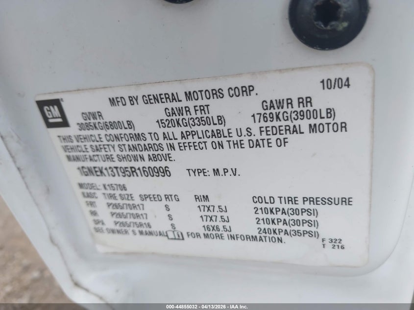 2005 Chevrolet Tahoe Z71 VIN: 1GNEK13T95R160996 Lot: 44855032