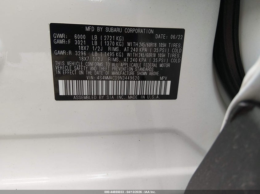 2022 Subaru Ascent Premium VIN: 4S4WMACD9N3449620 Lot: 44855033