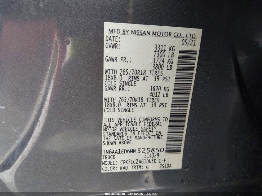 2021 Nissan Titan Sv 4X4 VIN: 1N6AA1ED6MN525850 Lot: 44855038