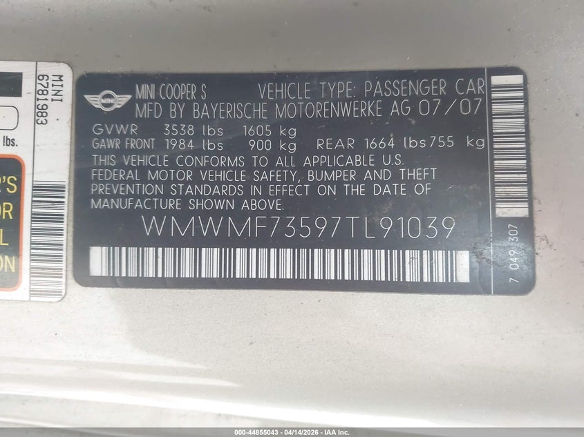 2007 Mini Cooper S VIN: WMWMF73597TL91039 Lot: 44855043