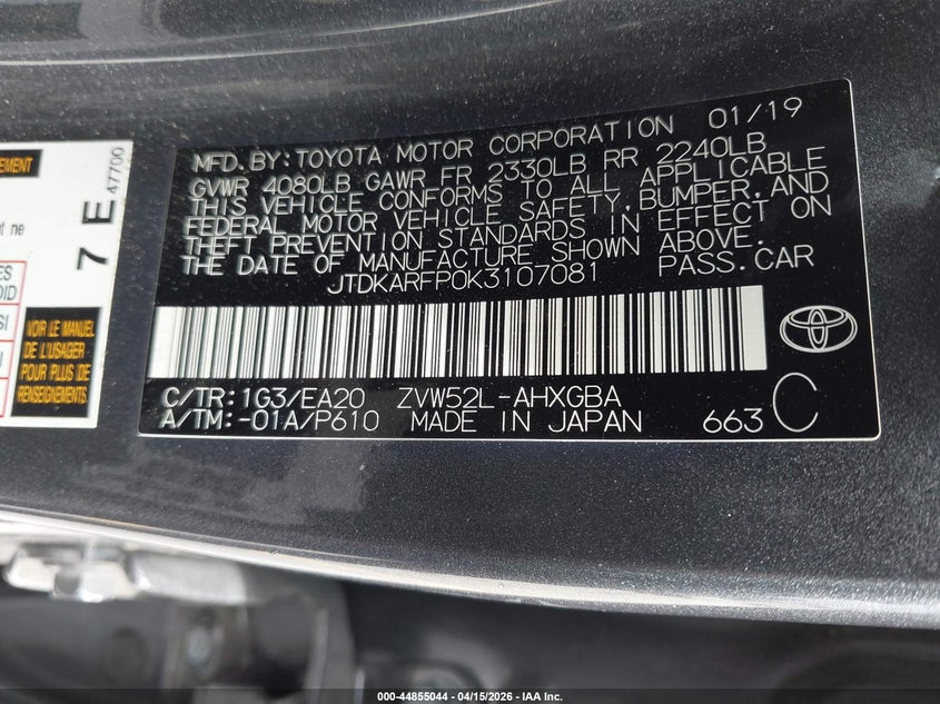 2019 Toyota Prius Prime Advanced VIN: JTDKARFP0K3107081 Lot: 44855044