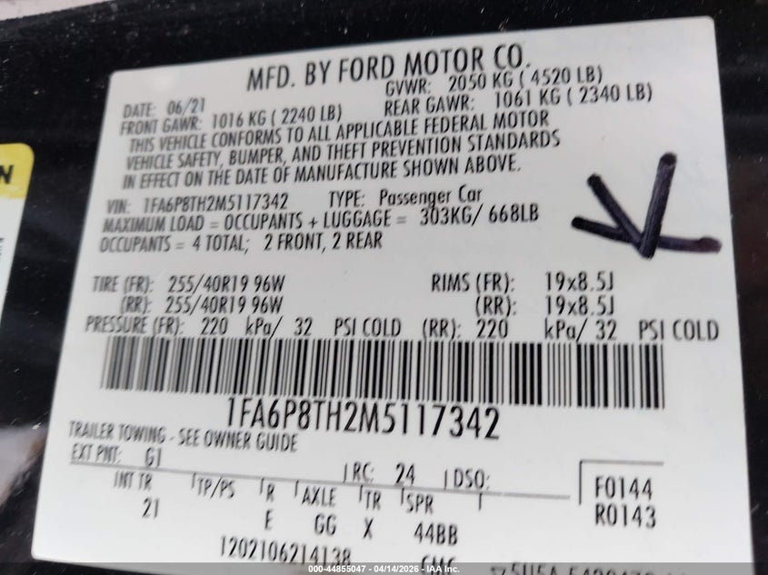 2021 Ford Mustang 2.3 Ecoboost Fastback Black Lot 111044855047 Vin 1FA6P8TH2M5117342