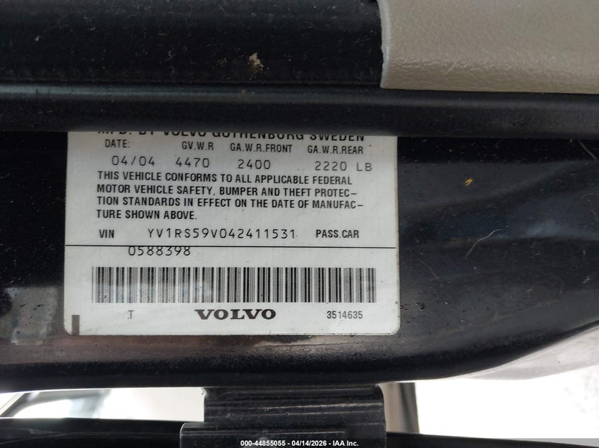2004 Volvo S60 2.5T VIN: YV1RS59V042411531 Lot: 44855055