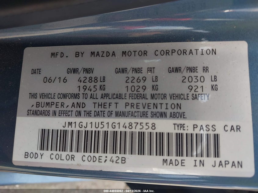 2016 Mazda Mazda6 I Sport VIN: JM1GJ1U51G1487558 Lot: 44855062