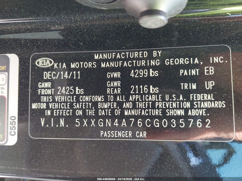 2012 Kia Optima Ex VIN: 5XXGN4A76CG035762 Lot: 44855088