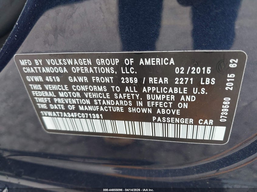 2015 Volkswagen Passat 1.8T Wolfsburg Edition VIN: 1VWAT7A34FC071381 Lot: 44855096