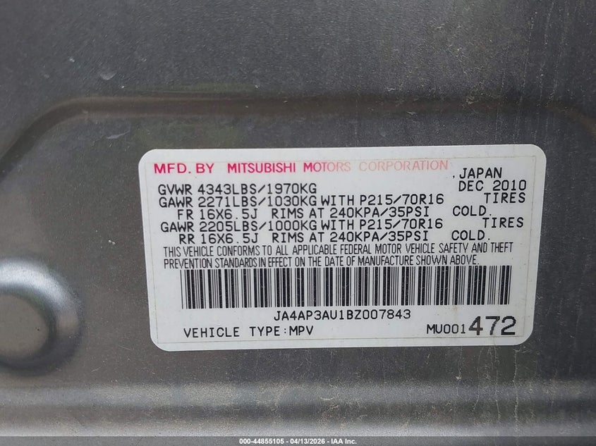 2011 Mitsubishi Outlander Sport Es VIN: JA4AP3AU1BZ007843 Lot: 44855105