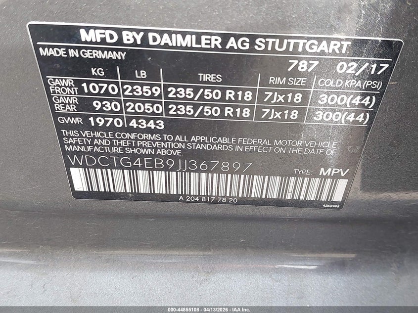 2018 Mercedes-Benz Gla 250 VIN: WDCTG4EB9JJ367897 Lot: 44855108