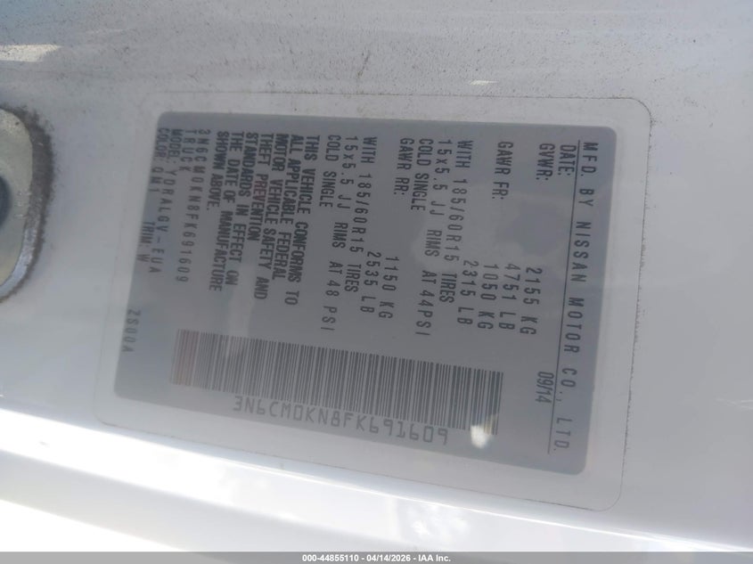 2015 Nissan Nv200 Sv VIN: 3N6CM0KN8FK691609 Lot: 44855110