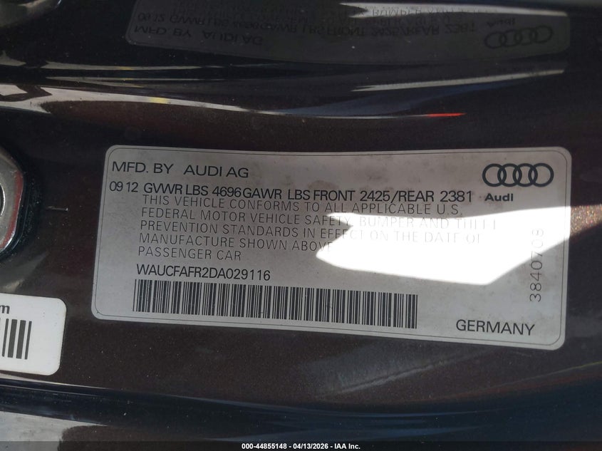 2013 Audi A5 2.0T Premium VIN: WAUCFAFR2DA029116 Lot: 44855148