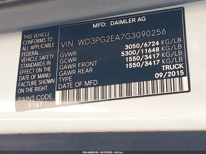 2016 Mercedes-Benz Metris VIN: WD3PG2EA7G3090256 Lot: 44855149