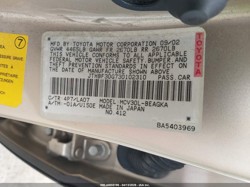 2003 Lexus Es 300 VIN: JTHBF30G730102310 Lot: 44855196