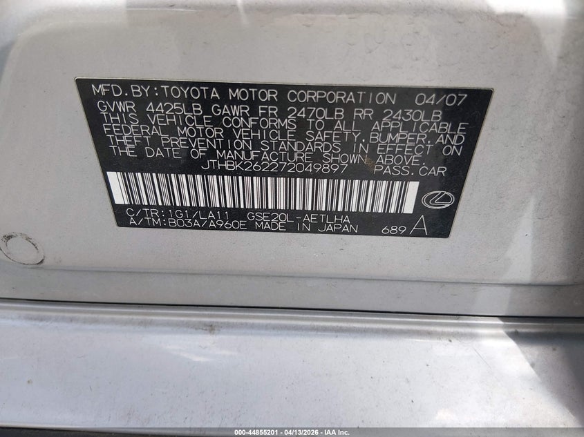 2007 Lexus Is 250 VIN: JTHBK262272049897 Lot: 44855201