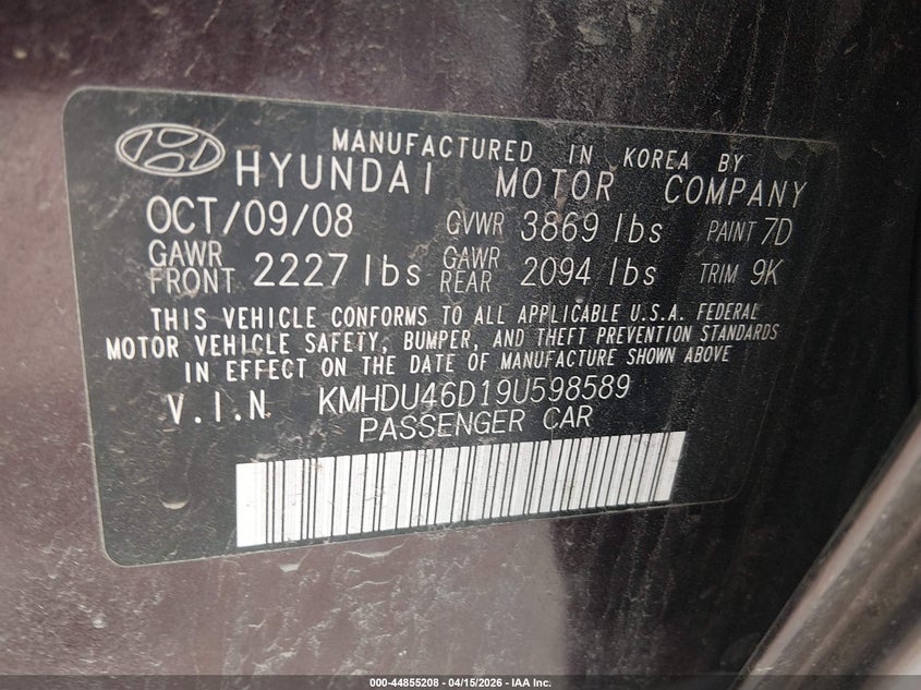 2009 Hyundai Elantra Gls VIN: KMHDU46D19U598589 Lot: 44855208