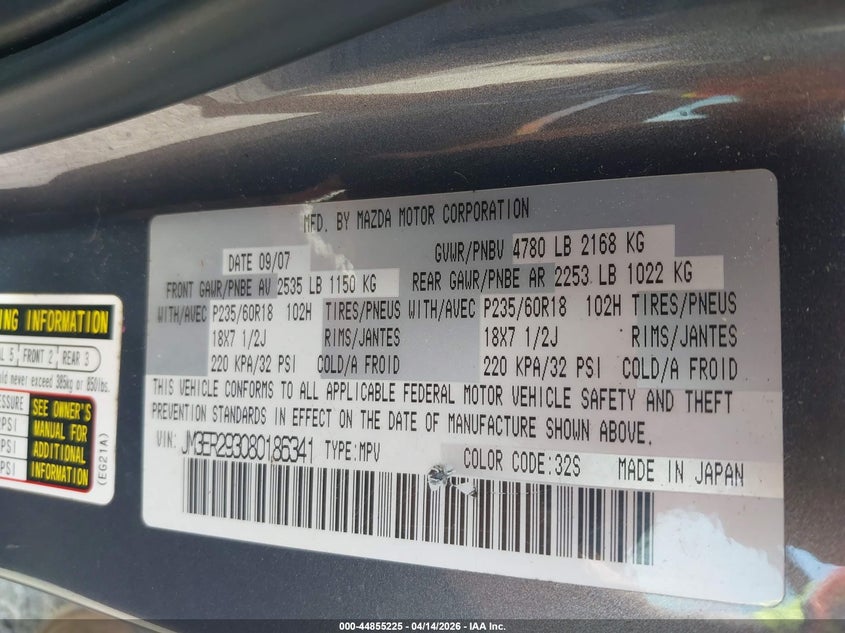 2008 Mazda Cx-7 Sport VIN: JM3ER293080186341 Lot: 44855225