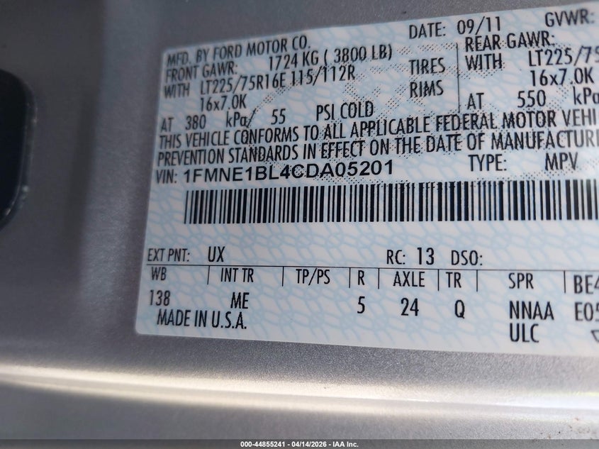 2012 Ford E-150 Xlt VIN: 1FMNE1BL4CDA05201 Lot: 44855241