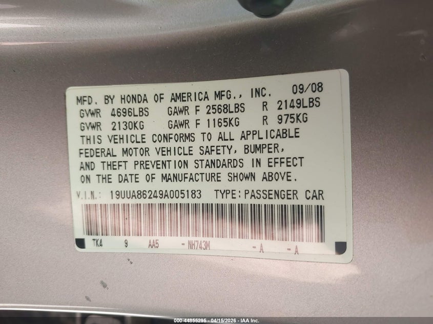 2009 Acura Tl 3.5 VIN: 19UUA86249A005183 Lot: 44855295