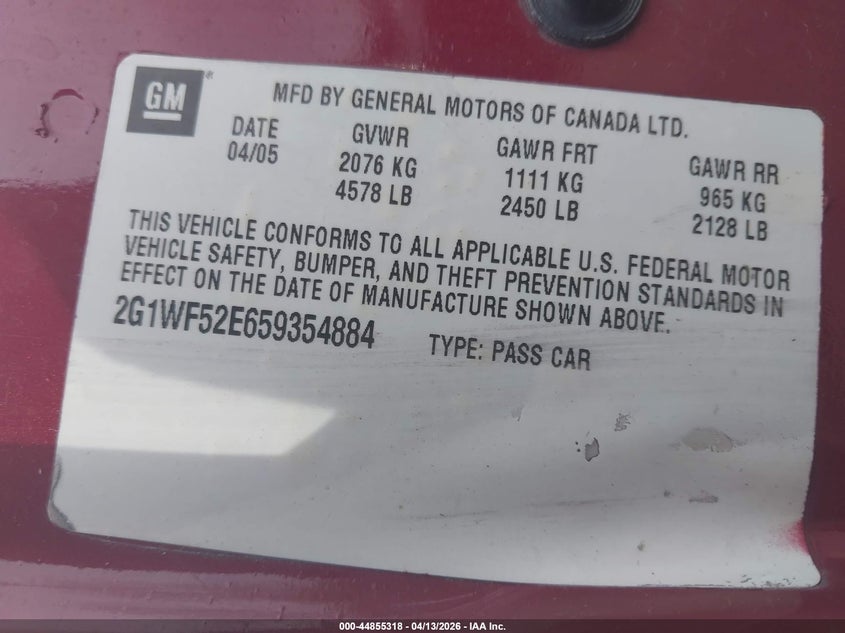 2005 Chevrolet Impala VIN: 2G1WF52E659354884 Lot: 44855318