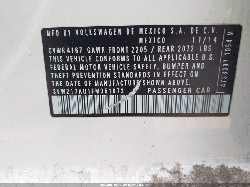 2015 Volkswagen Golf Tsi Se 4-Door VIN: 3VW217AU1FM051073 Lot: 44855323