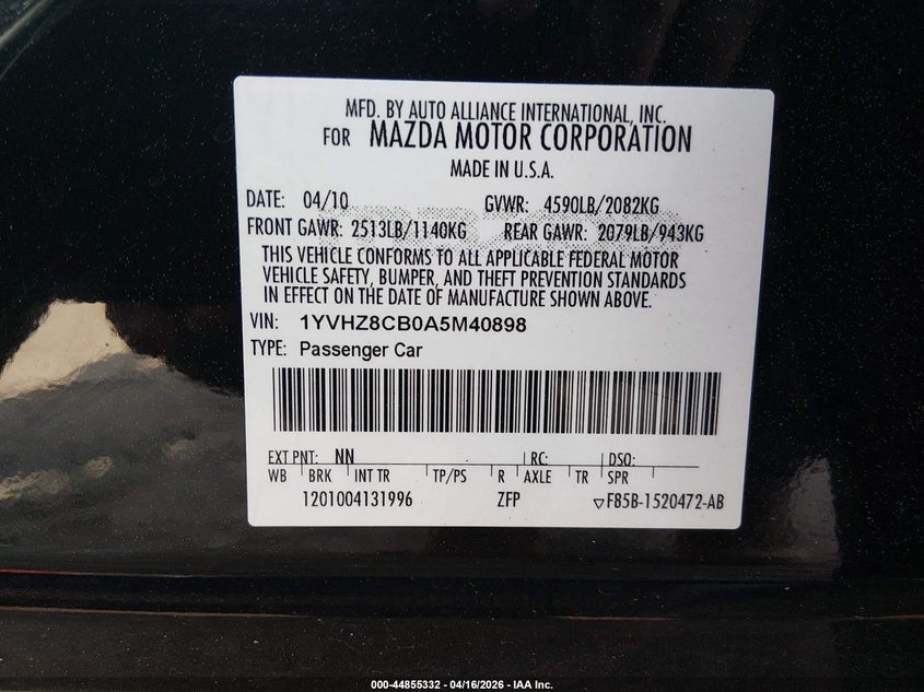MAZDA MAZDA6 2010 VIN 1YVHZ8CB0A5M40898