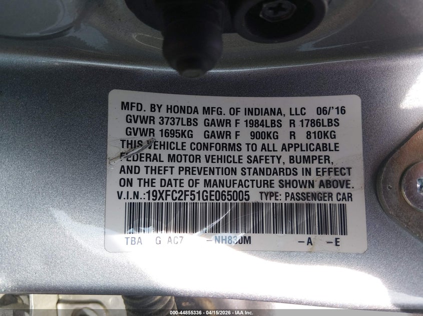 2016 Honda Civic Lx VIN: 19XFC2F51GE065005 Lot: 44855336