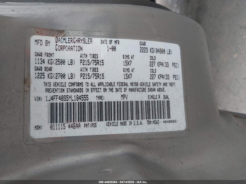 2000 Jeep Cherokee Sport VIN: 1J4FF48S5YL184555 Lot: 44855364