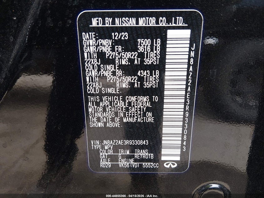 2024 Infiniti Qx80 Premium Select Awd VIN: JN8AZ2AE3R9330843 Lot: 44855366