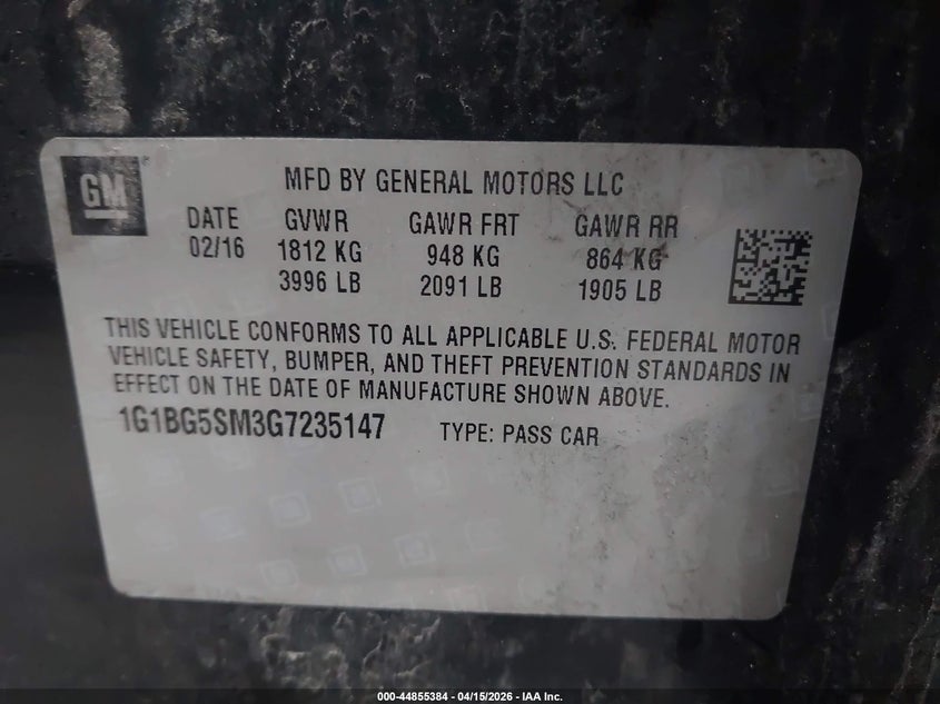 2016 Chevrolet Cruze Premier Auto VIN: 1G1BG5SM3G7235147 Lot: 44855384