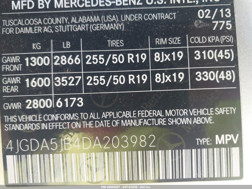 2013 Mercedes-Benz Ml 350 VIN: 4JGDA5JB4DA203982 Lot: 44855407