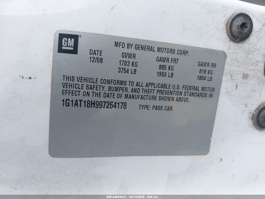 2009 Chevrolet Cobalt Lt VIN: 1G1AT18H997264178 Lot: 44855432