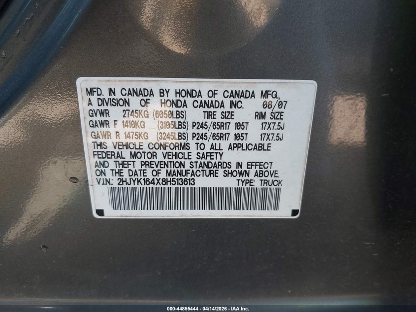 2008 Honda Ridgeline Rts VIN: 2HJYK164X8H513613 Lot: 44855444