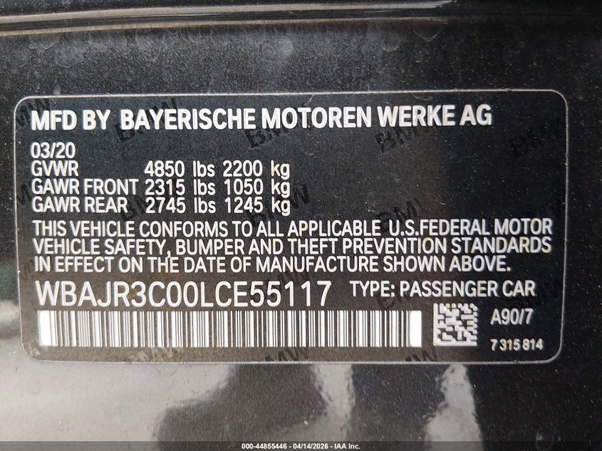 2020 BMW 530I VIN: WBAJR3C00LCE55117 Lot: 44855446