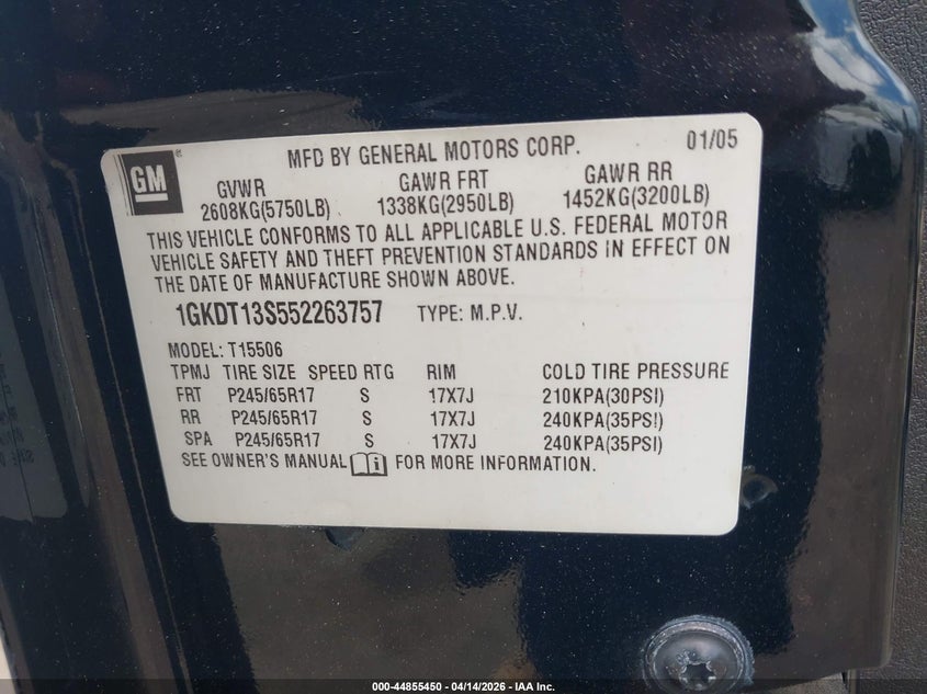 2005 GMC Envoy Slt VIN: 1GKDT13S552263757 Lot: 44855450