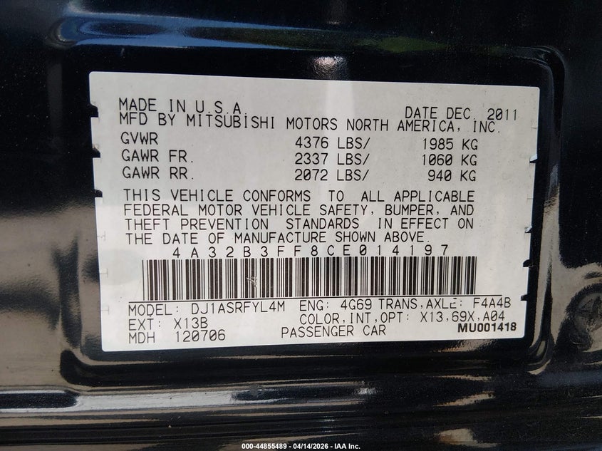 2012 Mitsubishi Galant Es/Se VIN: 4A32B3FF8CE014197 Lot: 44855489