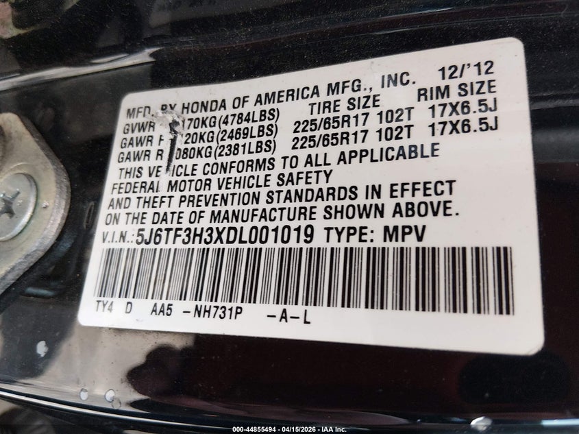 2013 Honda Crosstour Ex VIN: 5J6TF3H3XDL001019 Lot: 44855494