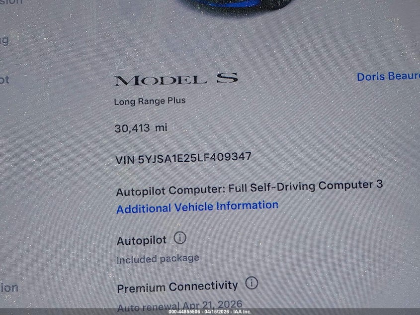 2020 Tesla Model S Long Range Dual Motor All-Wheel Drive/Long Range Plus Dual Motor All-Wheel Drive VIN: 5YJSA1E25LF409347 Lot: 44855506