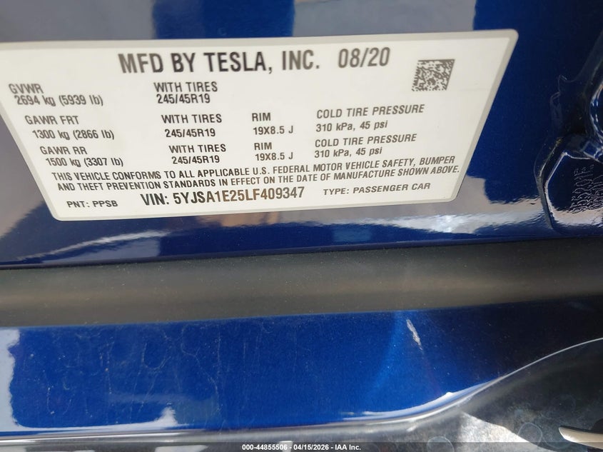 2020 Tesla Model S Long Range Dual Motor All-Wheel Drive/Long Range Plus Dual Motor All-Wheel Drive VIN: 5YJSA1E25LF409347 Lot: 44855506