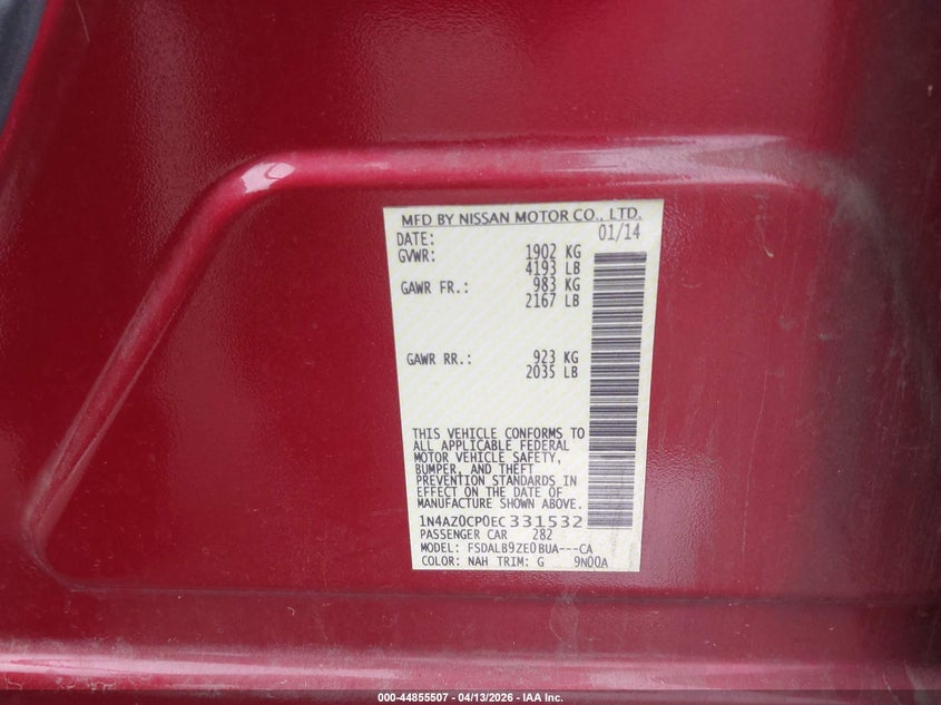 2014 Nissan Leaf S red Lot 111044855507 Vin 1N4AZ0CP0EC331532