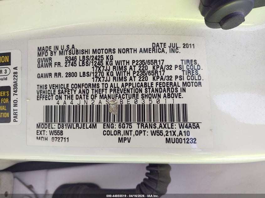 2011 Mitsubishi Endeavor VIN: 4A4JN2AS2BE035011 Lot: 44855519