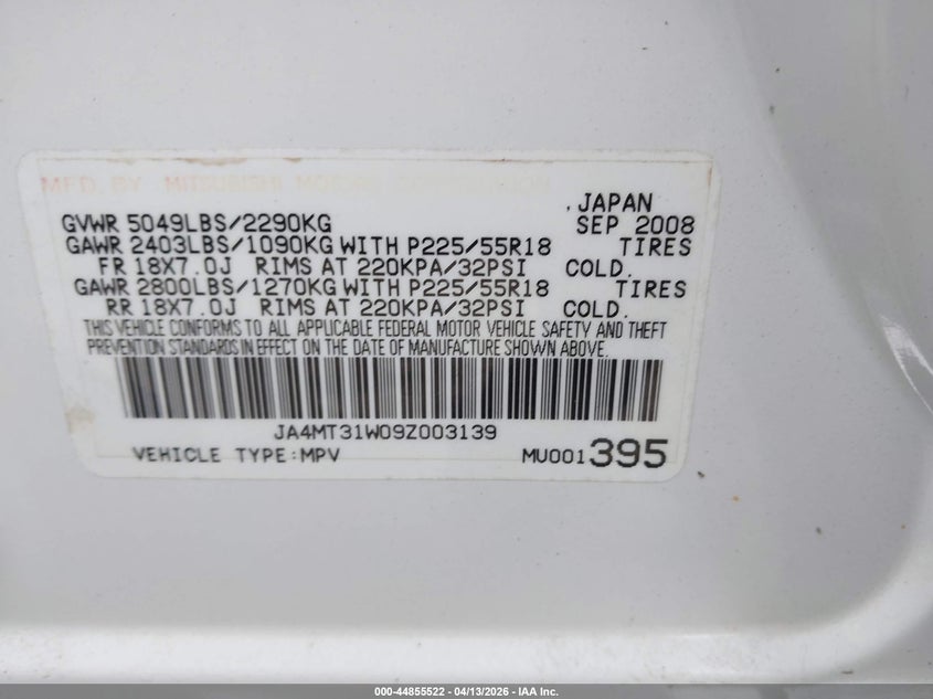 2009 Mitsubishi Outlander Se VIN: JA4MT31W09Z003139 Lot: 44855522