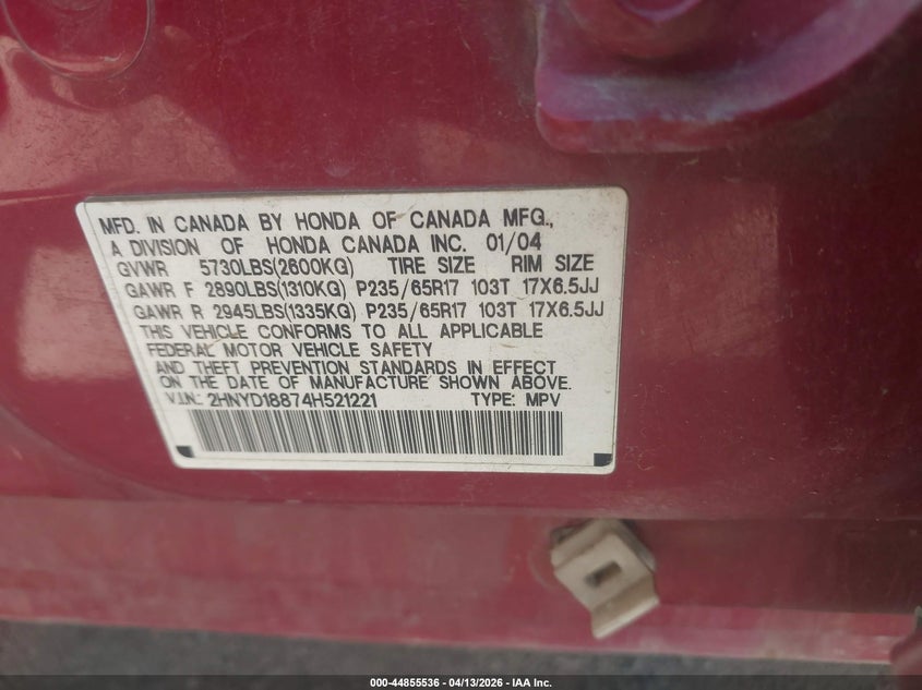2004 Acura Mdx VIN: 2HNYD18874H521221 Lot: 44855536