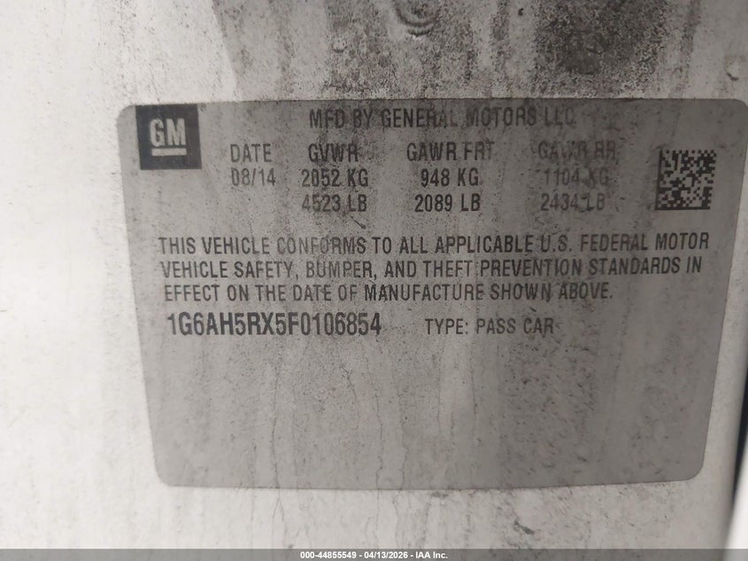 2015 Cadillac Ats Luxury VIN: 1G6AH5RX5F0106854 Lot: 44855549