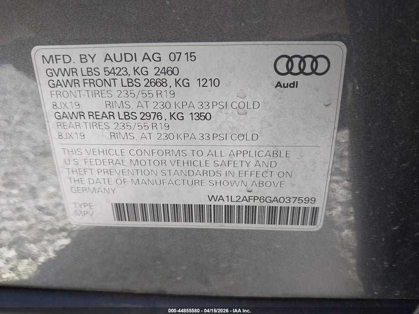 2016 Audi Q5 2.0T Premium VIN: WA1L2AFP6GA037599 Lot: 44855580