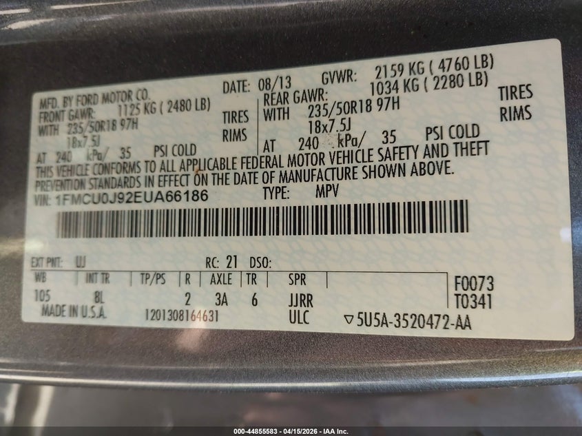 2014 Ford Escape Titanium VIN: 1FMCU0J92EUA66186 Lot: 44855583