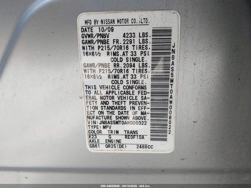 2010 Nissan Rogue S VIN: JN8AS5MT0AW008022 Lot: 44855586