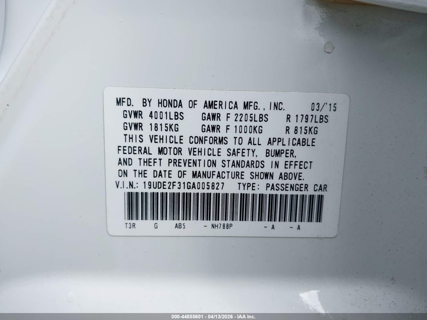 2016 Acura Ilx 2.4L/Acurawatch Plus Package VIN: 19UDE2F31GA005827 Lot: 44855601