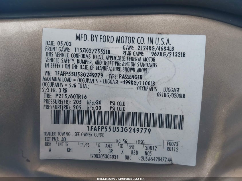 2003 Ford Taurus Ses VIN: 1FAFP55U53G249779 Lot: 44855627