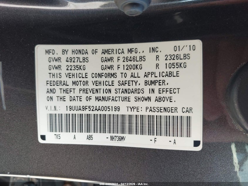 2010 Acura Tl 3.7 VIN: 19UUA9F52AA005199 Lot: 44855631