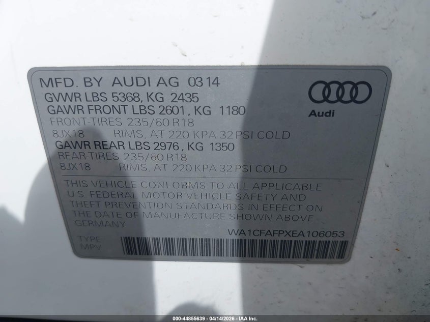 2014 Audi Q5 2.0T Premium VIN: WA1CFAFPXEA106053 Lot: 44855639