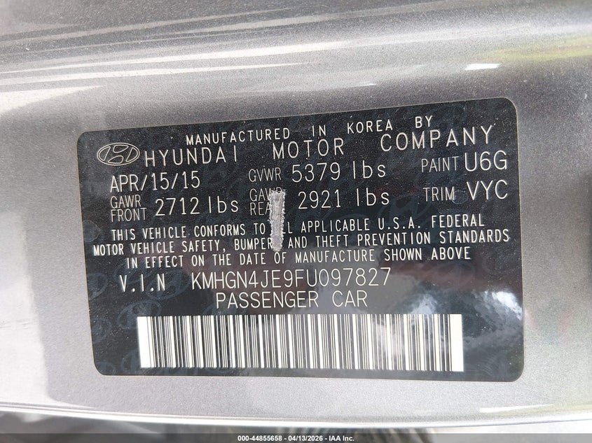 2015 Hyundai Genesis 3.8 VIN: KMHGN4JE9FU097827 Lot: 44855658